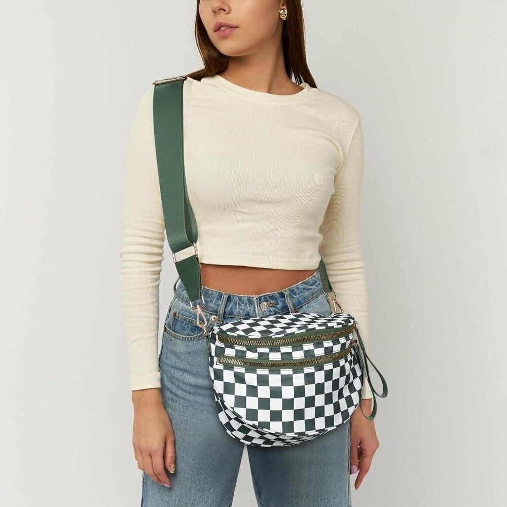 Checkered Nylon Crossbody Bag for Women Adjustable Strap Waterproof - Picture 2 of 7